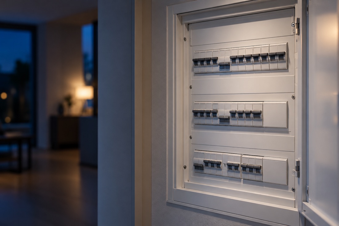 Illustrative Ansicht eines geschlossenen, berührungsgeschützten Elektroverteilers in einem Wohnraum